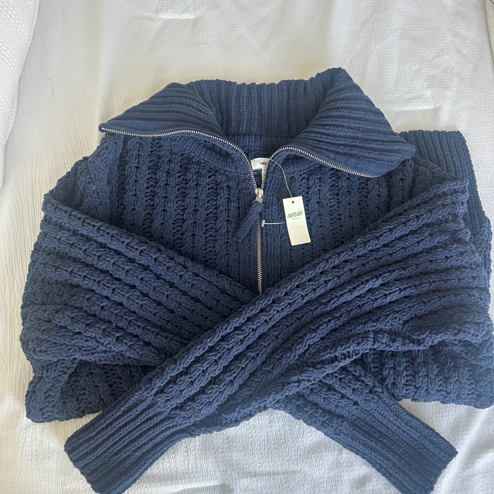 Aerie Blue Cowl Neck Sweater with Ribbed Knit